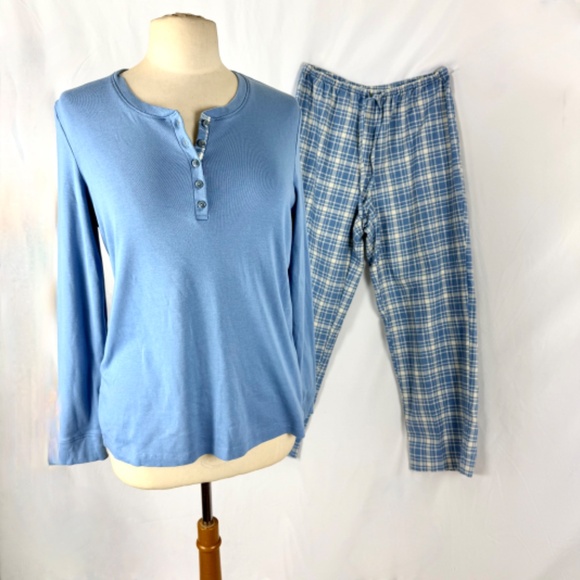 LL Bean 2 pCotton Pajamas M Flannel Plaid Pants Long Sleeve Henley Excellent PJs - Picture 7 of 9